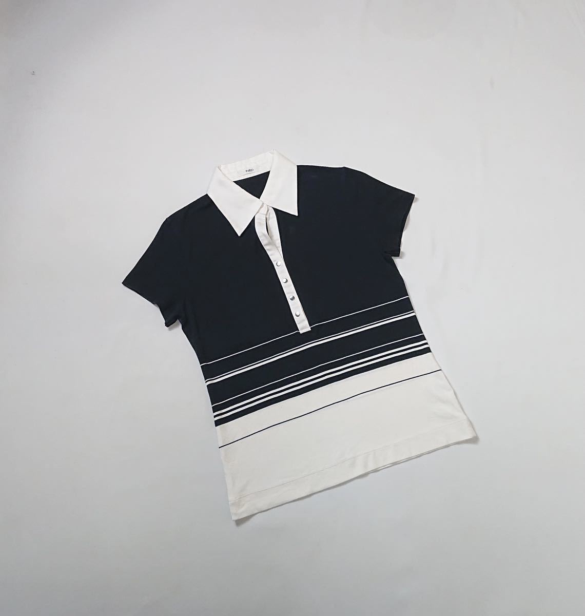 (レディース) INED イネド // 半袖 布帛衿 ストレッチ ポロシャツ (黒×白) サイズ 15 (日本製)_画像5