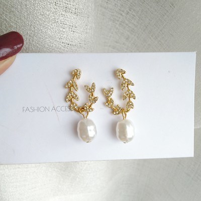  earrings S925 needle pearl leaf rhinestone jewelry Drop earrings delicate jewelry crystal pearl b Rav la earrings #C603-12