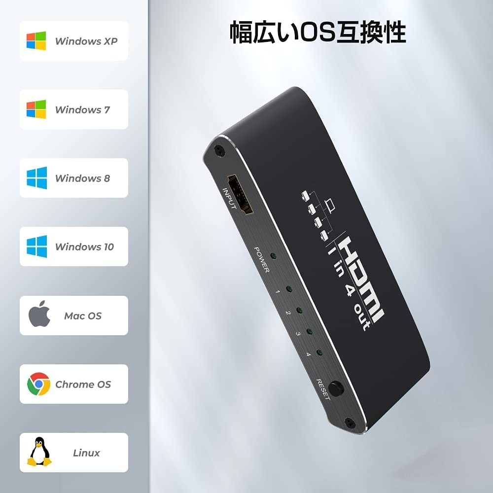 HDMI 分配器 スプリッター １入力4出力 4K 3D 1080P アルミニウム合金の本体 USB電源ケーブル付き