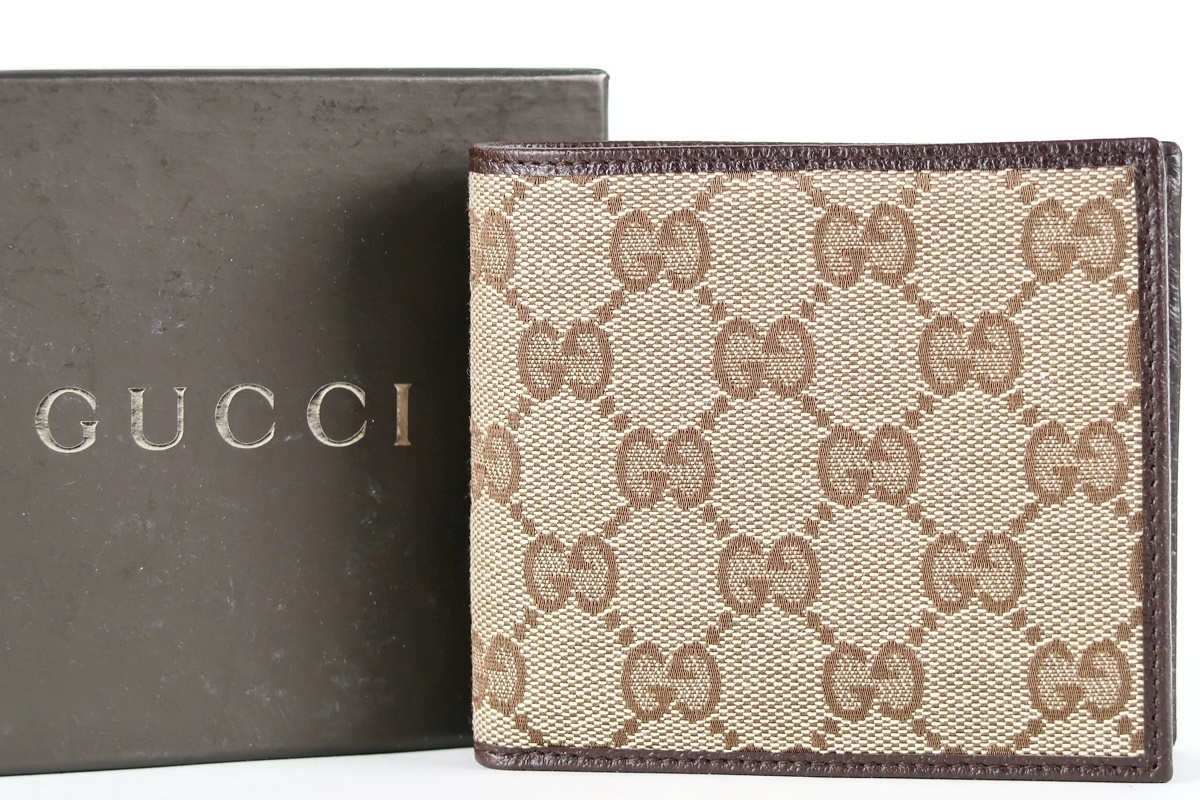 【新品・未使用】GUCCI グッチ GGキャンバス 二つ折り財布 ベージュ系×ブラウン系 イタリア製 04862・4276【GV96】_画像1