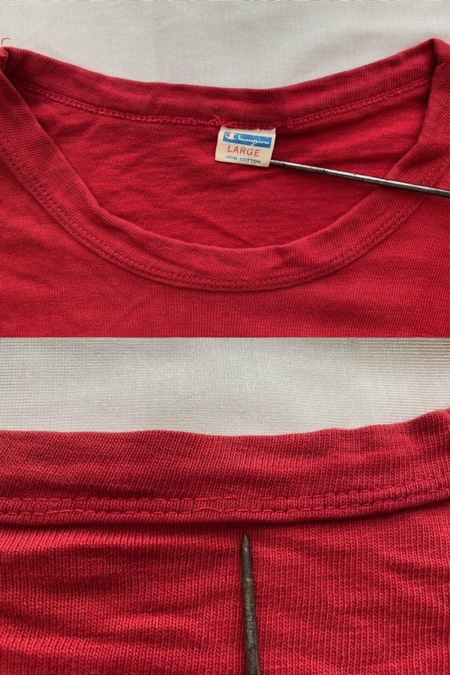 70s USA製 ビンテージ Champion チャンピオン バータグ フットボール ナンバリング　Tシャツ LARGE_ネック ステッチ抜け