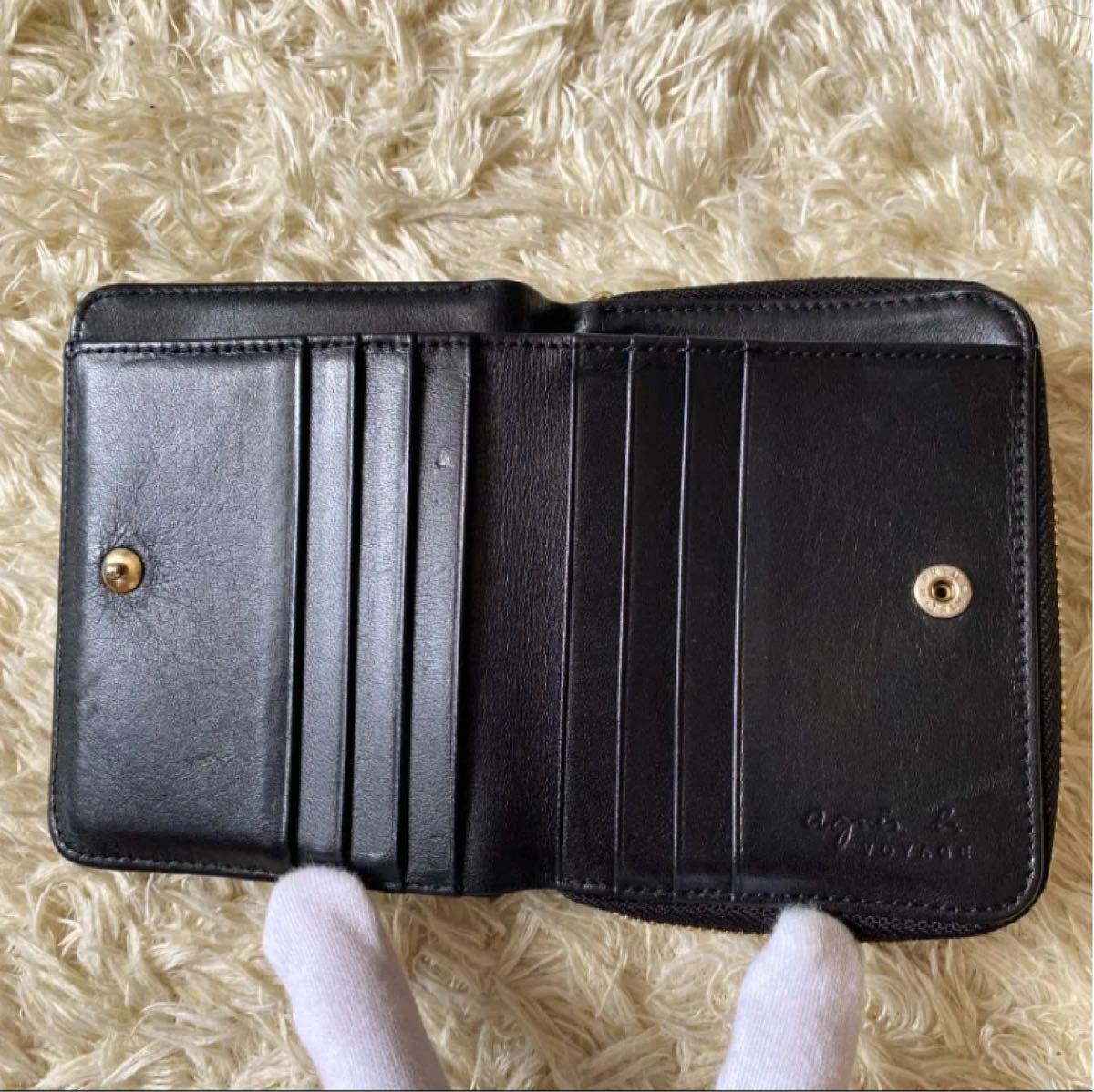 agnes b. アニエスベー ボヤージュ 二つ折り財布 ウォレット コンパクト ゴールド ロゴ レザー ブラック 黒
