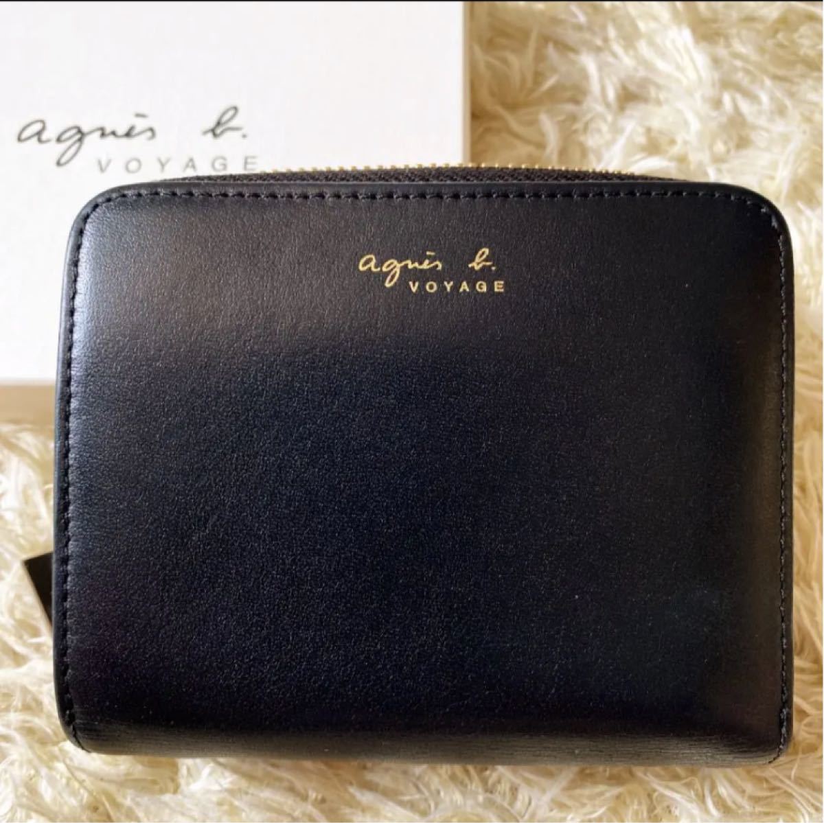 agnes b. アニエスベー ボヤージュ 二つ折り財布 ウォレット コンパクト ゴールド ロゴ レザー ブラック 黒