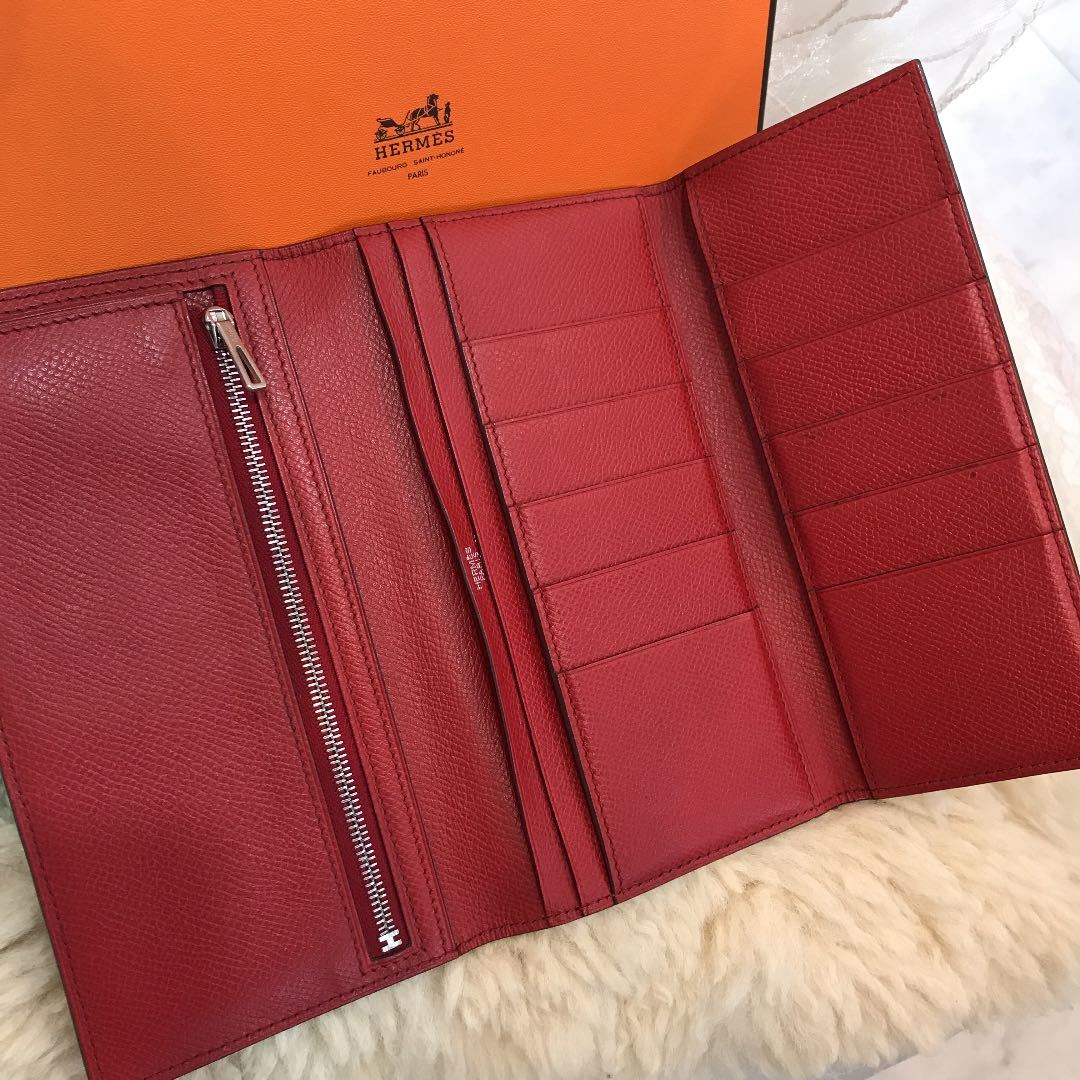 HERMES エルメス 三つ折り長財布 ベアン・デュプリ ショコラxレッド