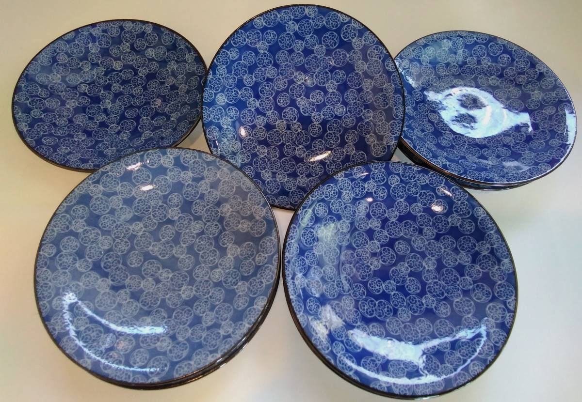 銘々皿　【濃藍　淡藍　皿　直径13.5cm　 ８客揃え　陶器】未使用_画像2