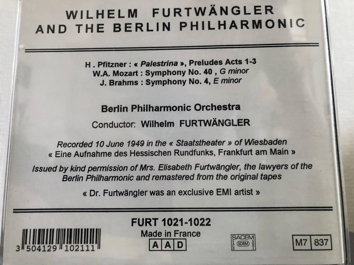 ブラームス　交響曲第４番、　モーツアルト　交響曲第４０番　他　フルトヴェングラー指揮ＢＰＯ　1949.6.10　ウィスバーデン　２ＣＤ_画像2