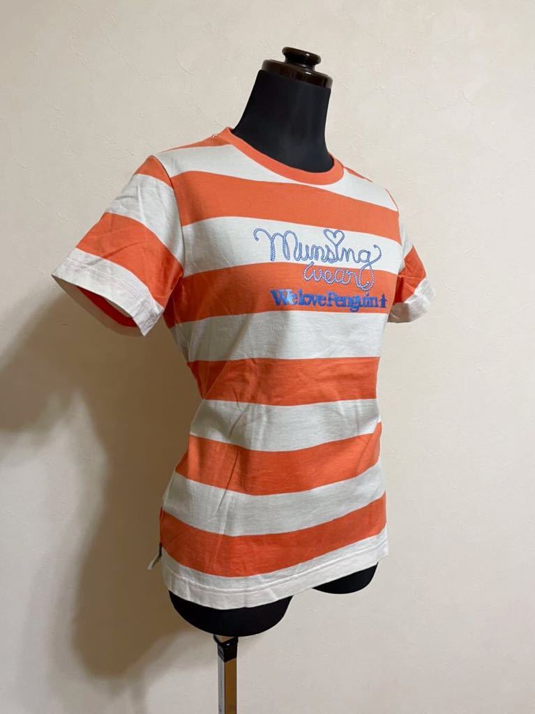 【美品】 Munsingwear マンシングウェア ゴルフ レディース ボーダー Tシャツ トップス サイズM 半袖 デサント 橙 ベージュ SL3801_画像8