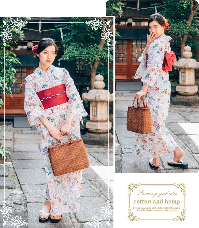 配送員設置 □高級綿麻素材□琉球紅型風いろどりの草花咲く浴衣□琉球