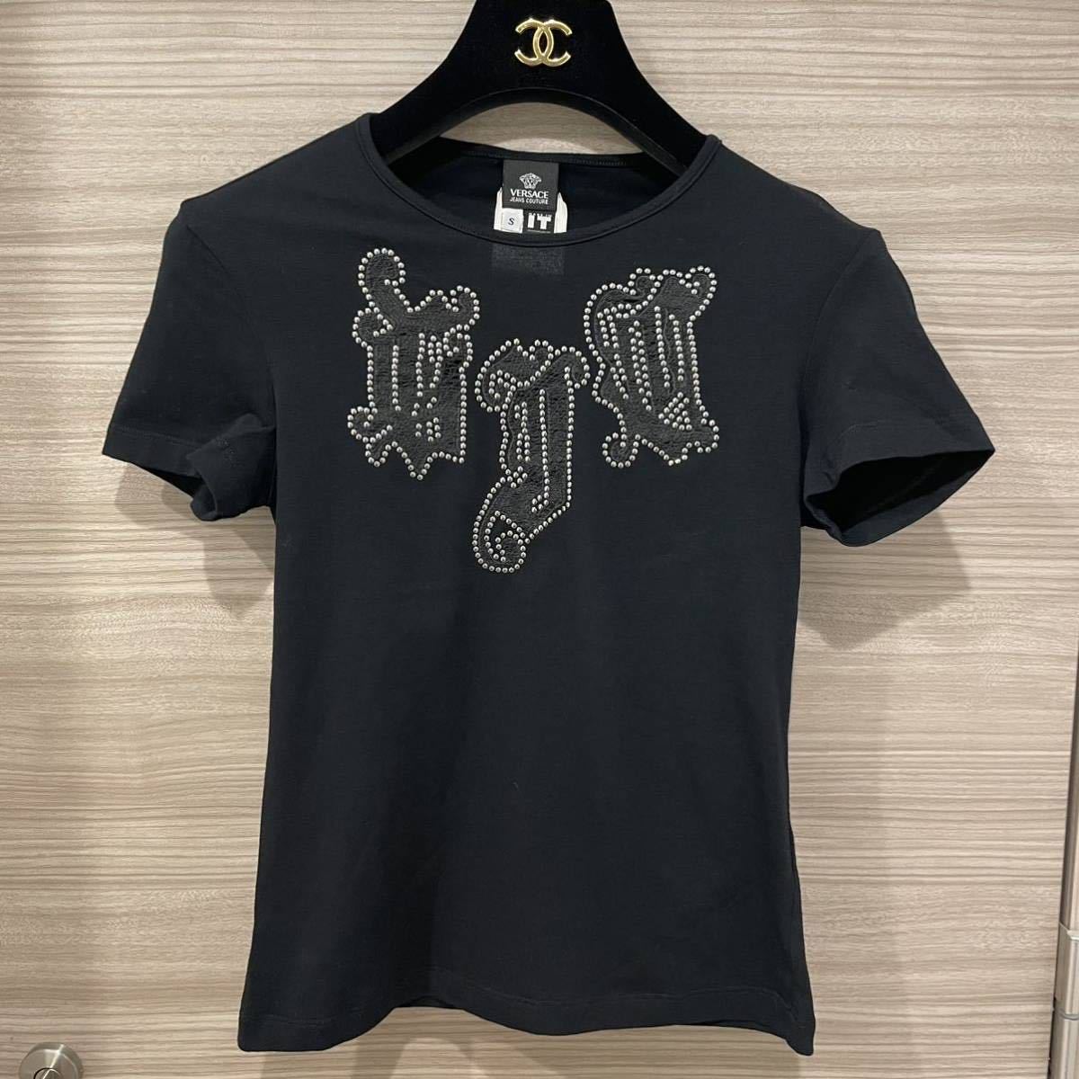 VERSACE JEANS COUTURE ヴェルサーチジーンズクチュール Tシャツ ゴシックロゴ ブラック×シルバー_画像1