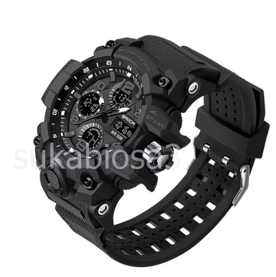 PI007:SANDAスポーツミリタリーメンズウォッチ防水デュアルディスプレイクォーツ時計　メンズ腕時計男性用時計RelogiosMasculino 6021_Black Black
