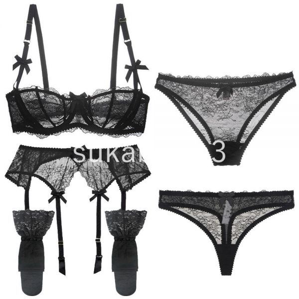 TA068:VARSBABY sexy . race 5 piece bra + garter + bread tea + T-back + stockings underwear black /pi