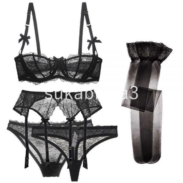 TA068:VARSBABY sexy . race 5 piece bra + garter + bread tea + T-back + stockings underwear black /pi