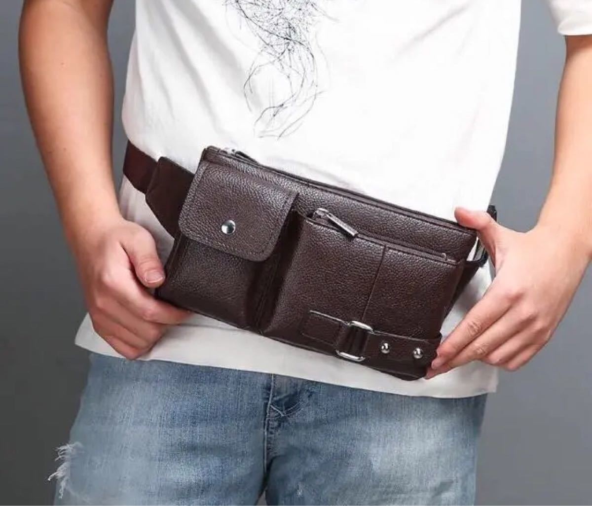 多機能大容量革風茶色メンズバッグ メンズボディバッグ ウェストポーチ新品メンズ鞄