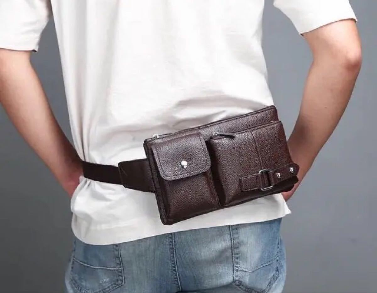 多機能大容量 革風茶色メンズバッグ メンズボディバッグ ウェストポーチ メンズ鞄