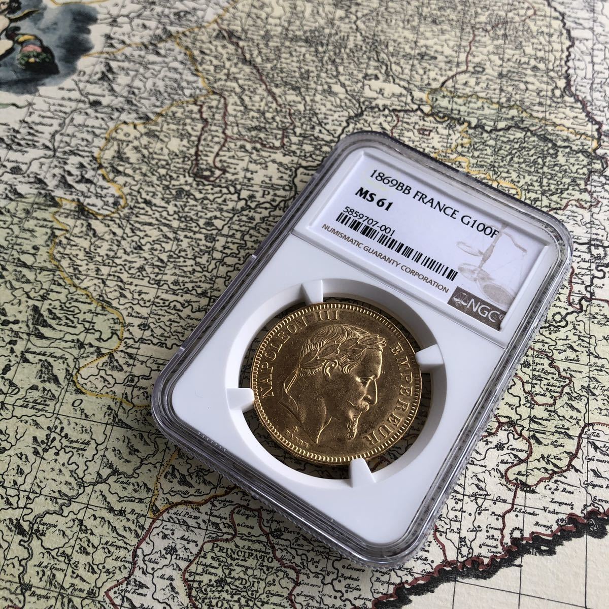 1869BB フランス 100フラン金貨 NGC MS61 ナポレオン三世 有冠 アンティーク コインの画像10