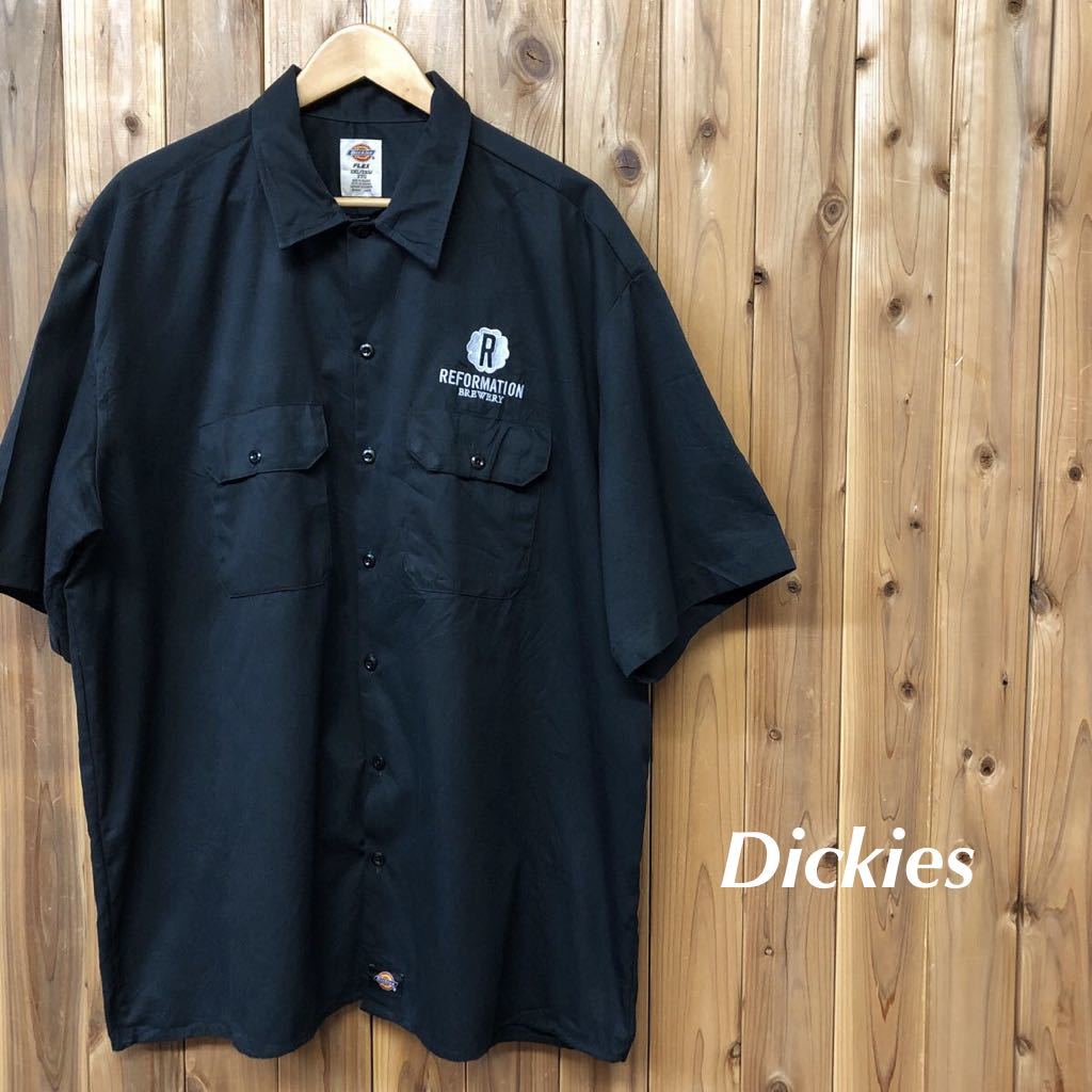 Dickies FLEX／ディッキーズ ワークシャツ メンズ 2XL 黒 半袖シャツ 大きいサイズ 刺繍 二つポケット アメカジ 作業着 USA古着 d_画像1