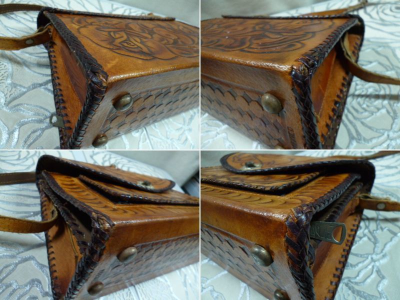  leather shoulder bag Mexico Western leather craft Carving Vintage 