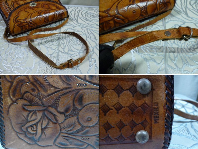  leather shoulder bag Mexico Western leather craft Carving Vintage 