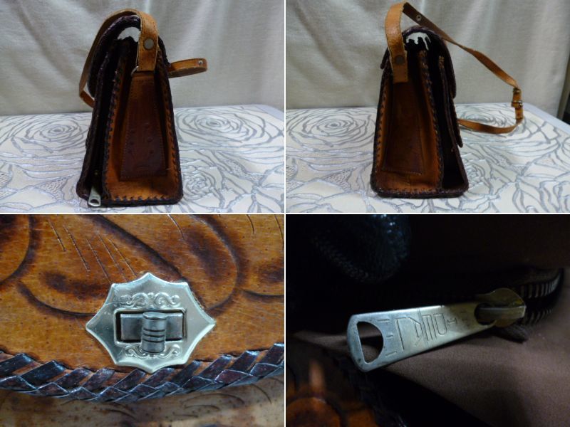  leather shoulder bag Mexico Western leather craft Carving Vintage 