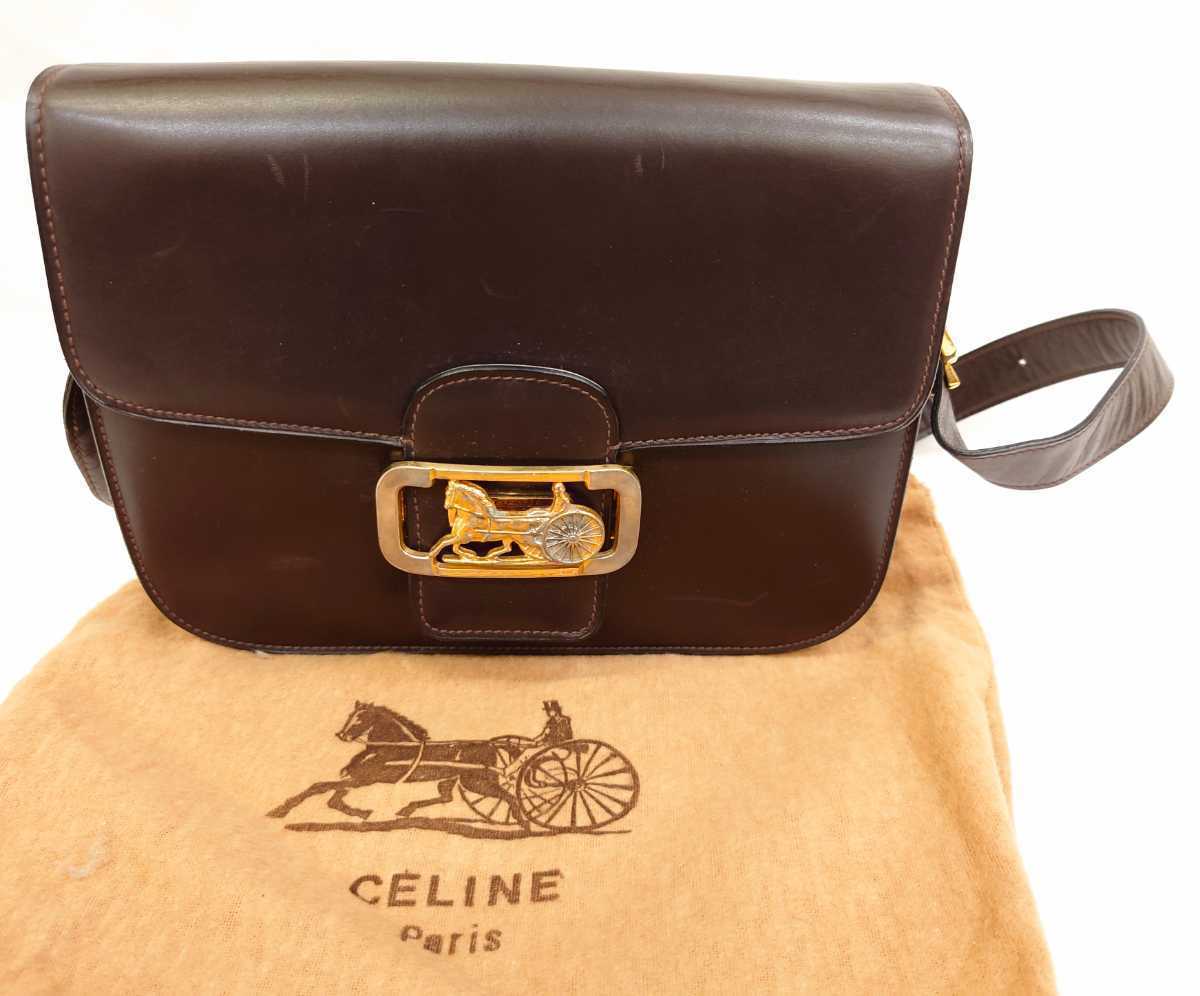 CELINE セリーヌ ショルダーバッグ ブラウン 馬車金具 ヴィンテージ Vintage ミラー付き de07 30