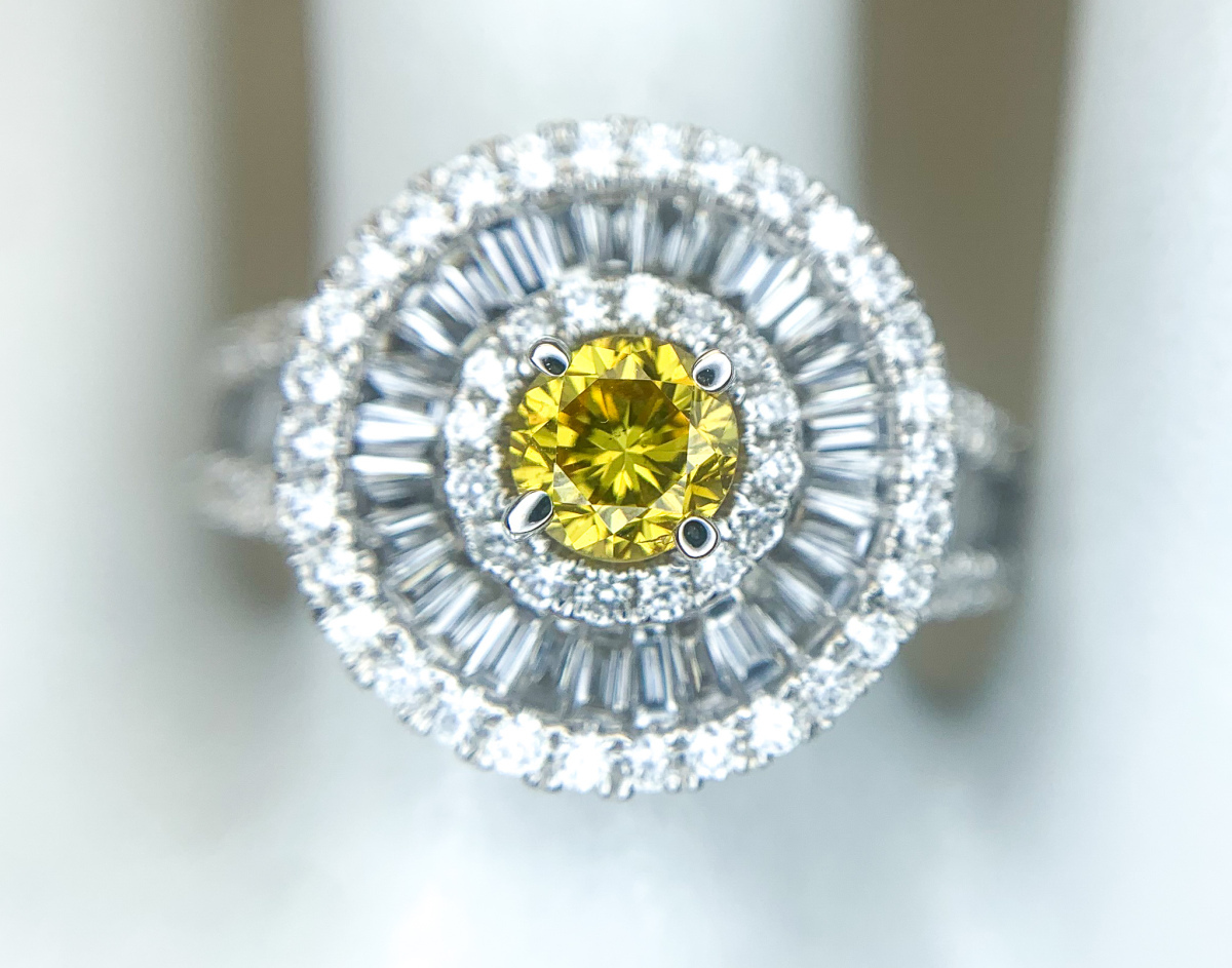 750 18金ホワイトゴールド 天然 ナチュラル カラーダイヤ リング 指輪 14号 0.477ct ソーティング付き FANCY VIVID ORANGY YELLOW_画像7