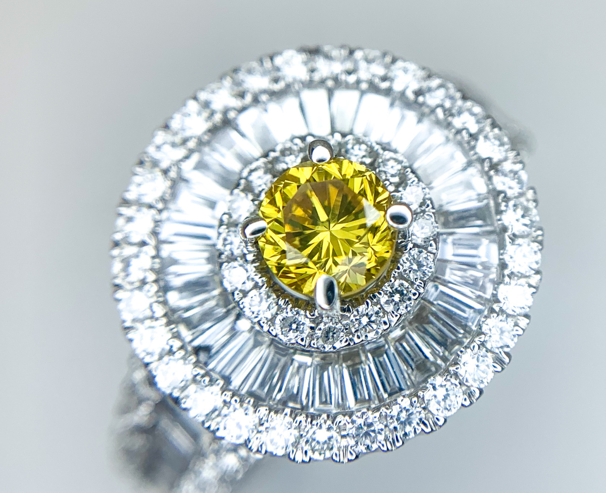 750 18金ホワイトゴールド 天然 ナチュラル カラーダイヤ リング 指輪 14号 0.477ct ソーティング付き FANCY VIVID ORANGY YELLOW_画像5