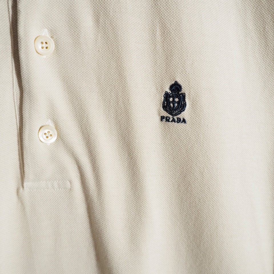 S1117P ▼PRADA プラダ▼ ロゴ刺繍 ガーメントダイ 鹿の子 コットン ポロシャツ オフホワイト S オーバーサイズ / UJN01A 半袖 春夏 mks_画像4