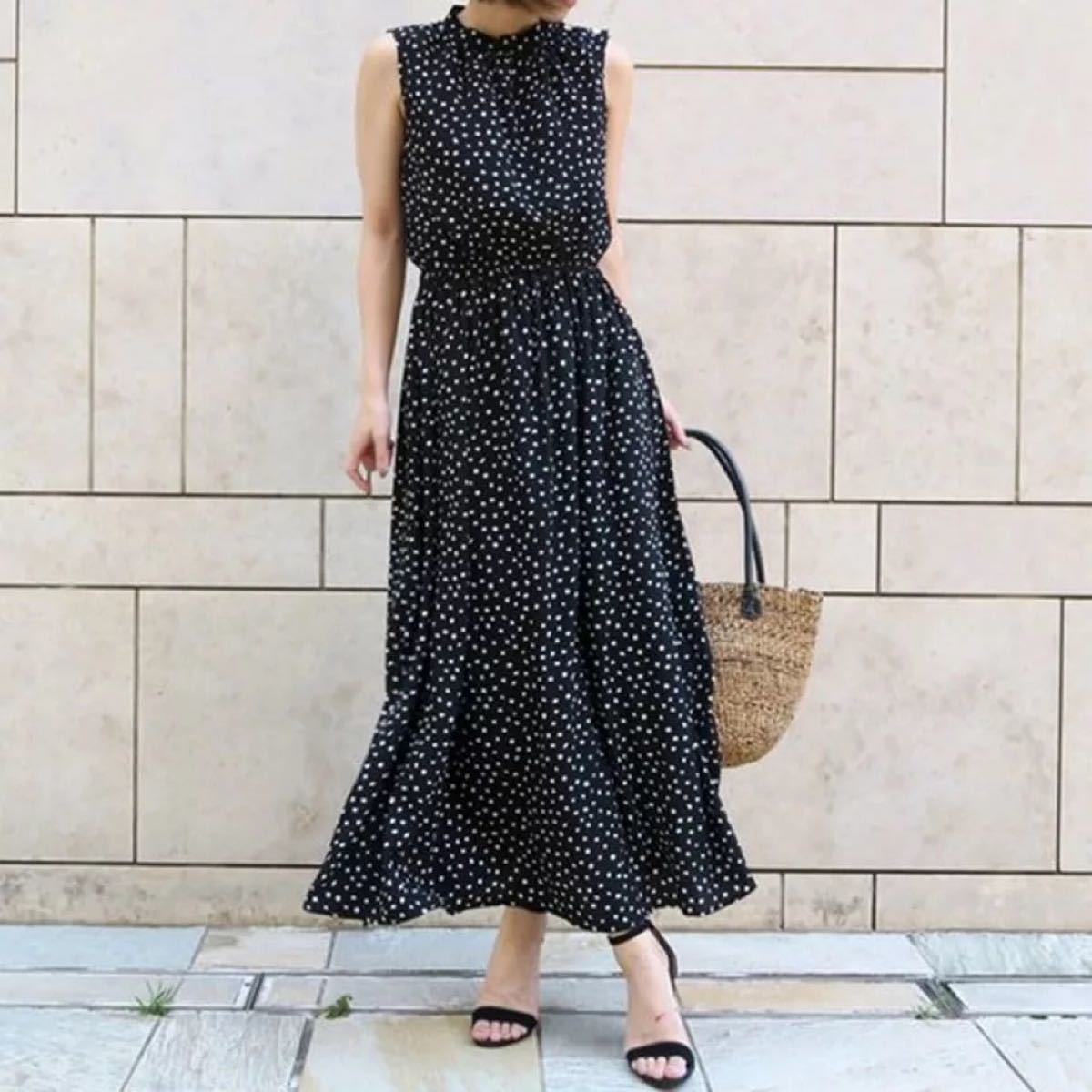 ロング フレア ワンピース ドット 水玉 パフスリーブ マキシ丈 ドット柄 フレア ロングワンピース ノースリーブ