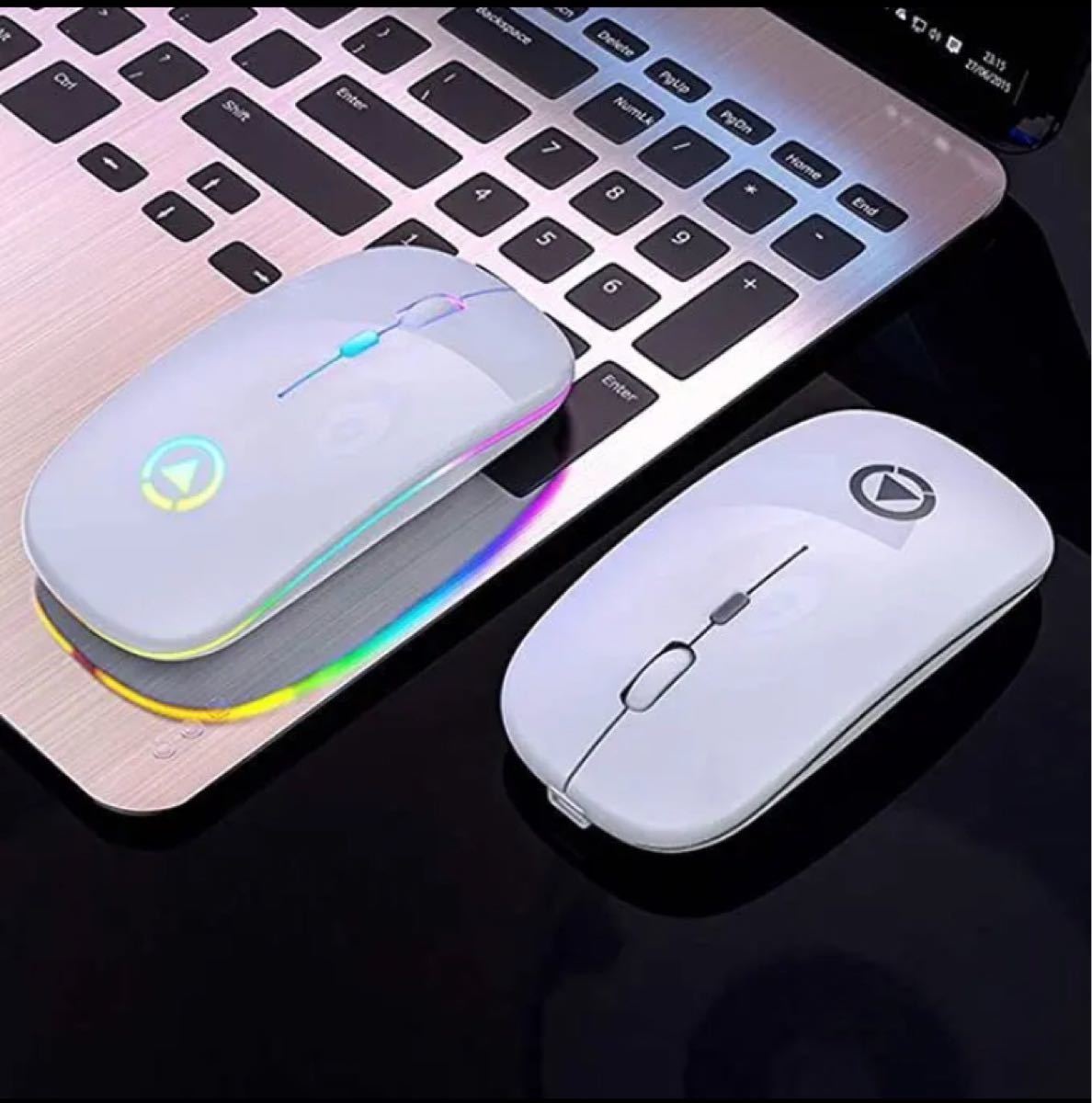 LEDライト　ワイヤレス マウス 無線 充電式 静音 超軽量 USB 薄型 MacBook/Windows対応無線マウス　ホワイト