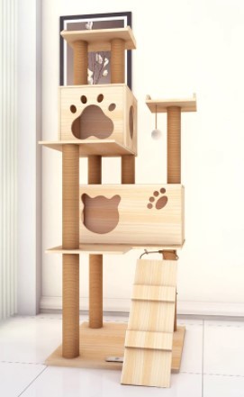 大木製猫登山フレーム、安定した猫砂、木製猫の棚、猫スクラッチポスト、ペット猫クロールおもちゃ,１_１