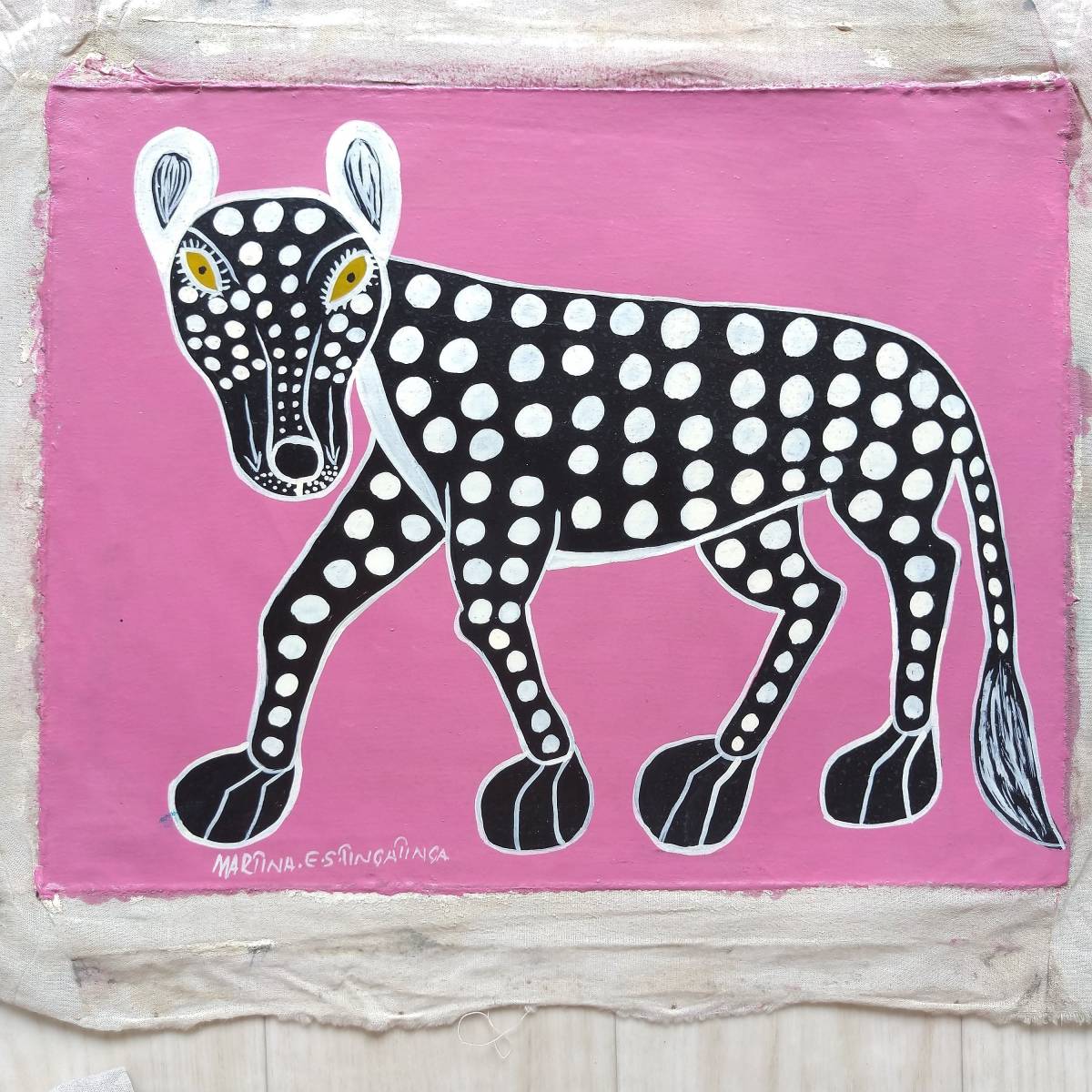 ●アフリカ 絵画『 A Cheetah in pink 』ティンガティンガ by Martina.E.S.Tingatinga 30*40cm_画像1