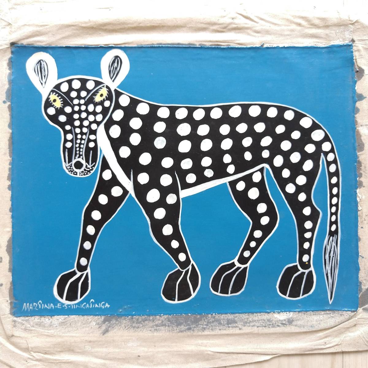 ●アフリカ 絵画『 A Cheetah in blue 』ティンガティンガ by Martina.E.S.Tingatinga 30*40cm