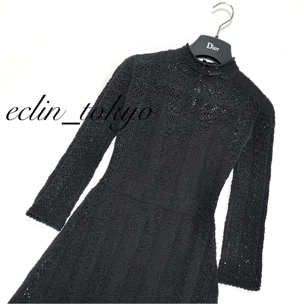 【E2957】極美品 Christian Dior《店頭完売品》超繊細！最高級レース刺繍！総柄 ニット ワンピース 34 マリア フラワーレース 花柄装飾_画像7