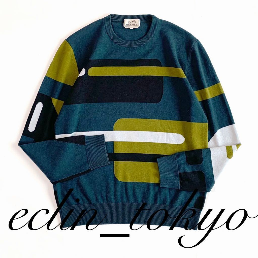 [E2877] превосходный товар!HERMES Hermes 2018AW collection общий рисунок вязаный свитер M{ Ran way надеты для Medama item } прекрасный цвет зеленый MIX