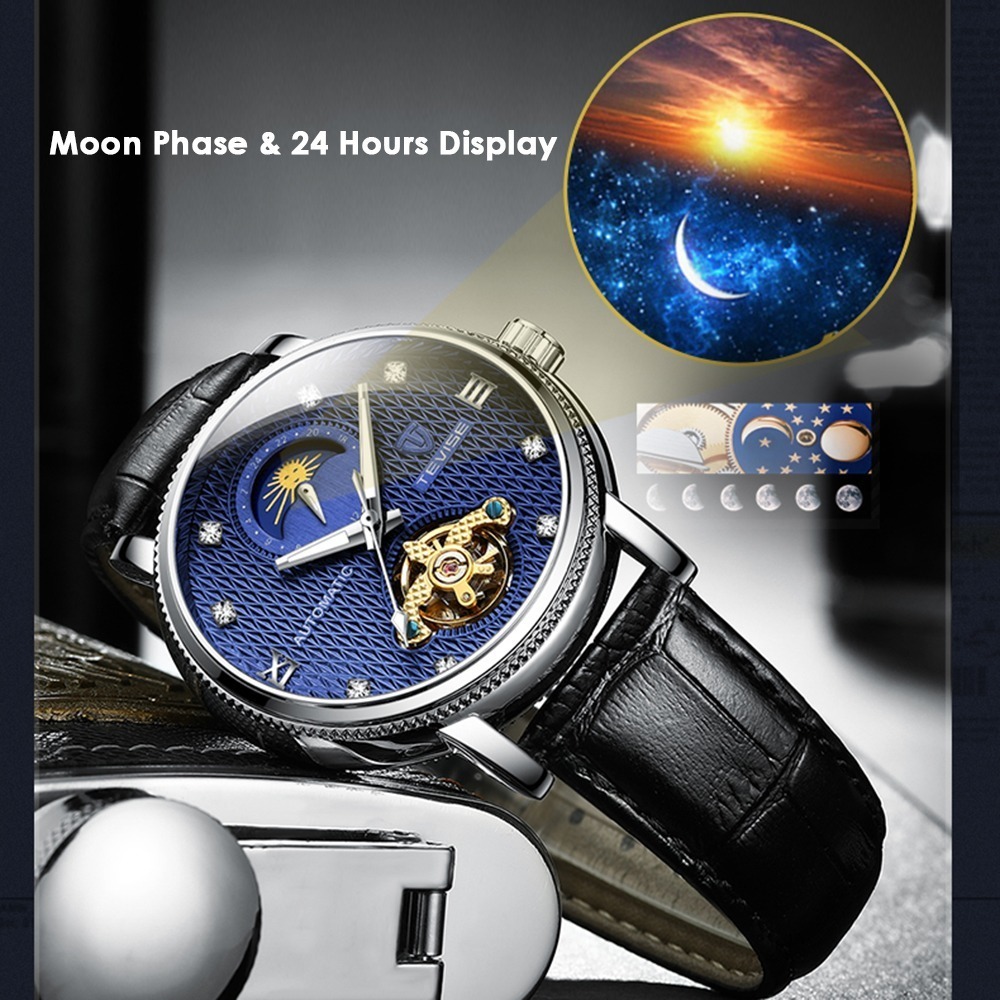 メンズ高級腕時計 機械式 自動巻 トゥールビヨン ムーンフェイズ表示 本革ベルト 紳士 ビジネス 夜光 防水 ブラック|a_画像2
