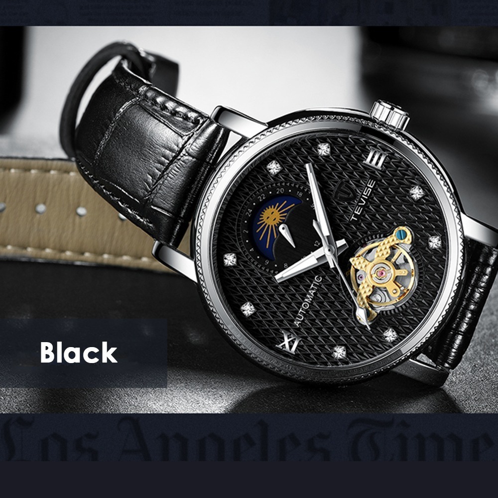 メンズ高級腕時計 機械式 自動巻 トゥールビヨン ムーンフェイズ表示 本革ベルト 紳士 ビジネス 夜光 防水 ブラック|a_画像4