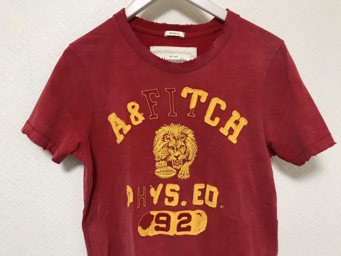 本物アバクロンビー&フィッチAbercrombie&Fitch虎トラ刺繍コットンダメージ加工プリント半袖Tシャツメンズレディース旅行トラベルS赤レッド