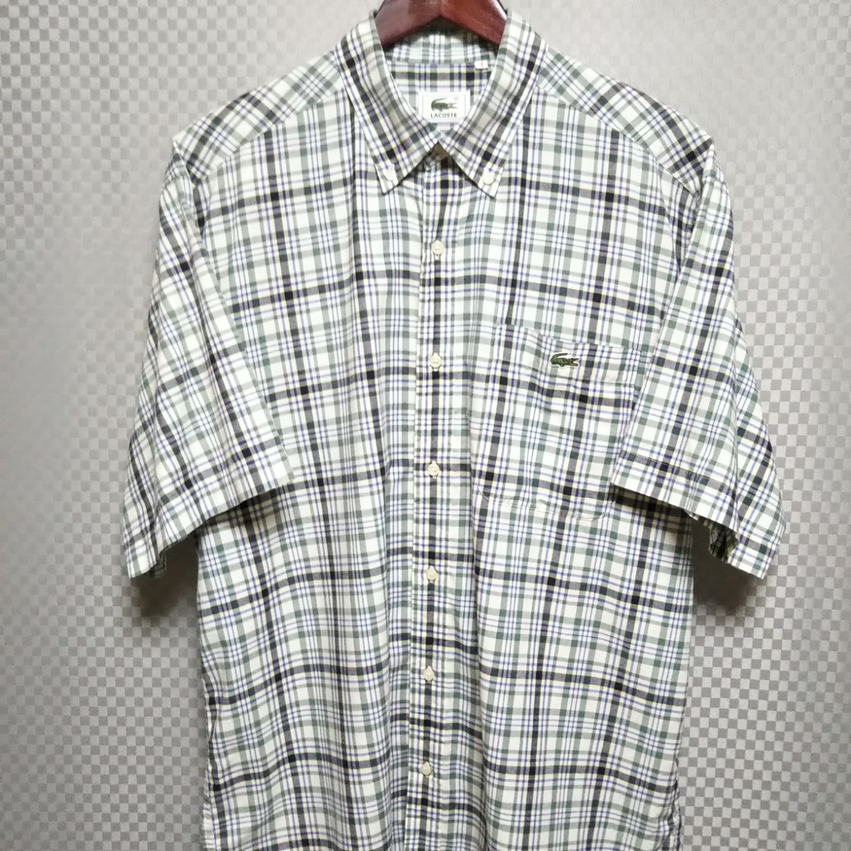 ラコステ☆ハーフボタンダウンシャツ 半袖 チェック柄 刺繍ロゴ XL マルチカラー
