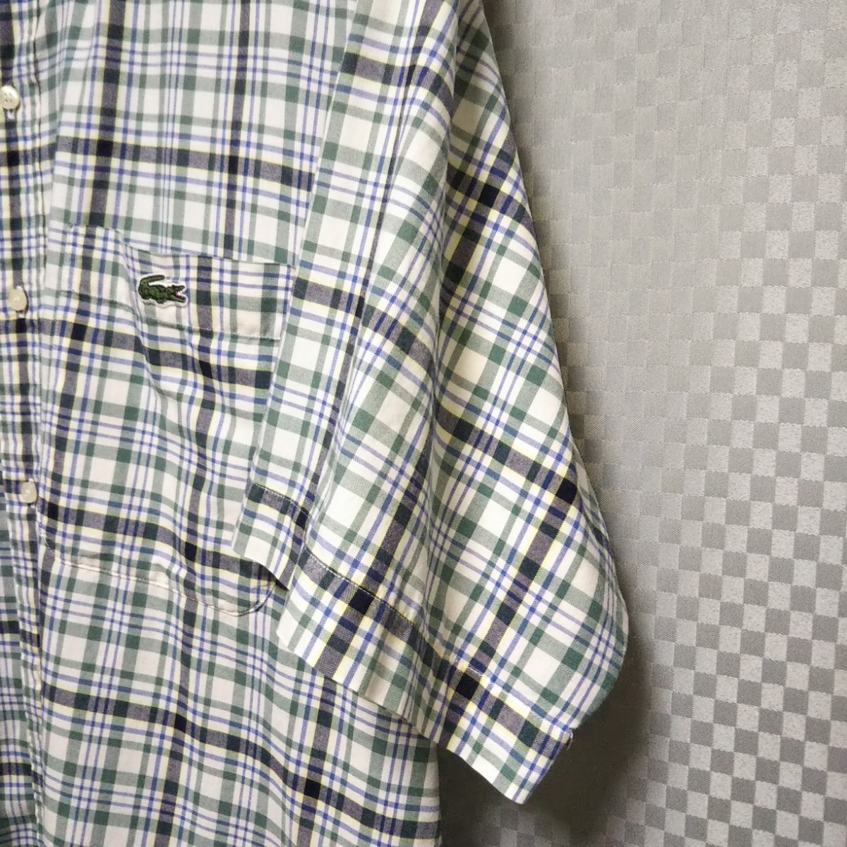 ラコステ☆ハーフボタンダウンシャツ 半袖 チェック柄 刺繍ロゴ XL マルチカラー