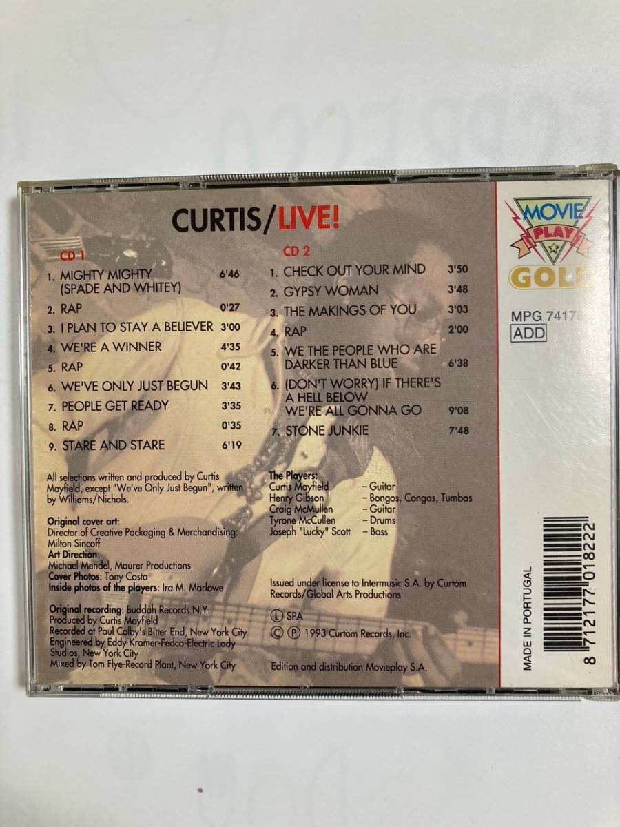 【R＆B】カーティス・メイフィールド（CURTIS MAYFIELD)「CURTIS/LIVE」(レア)中古CD2枚組、ポルトガルオリジナルCD初盤、RB-32_画像2