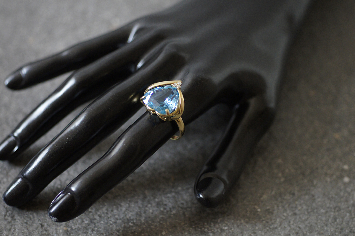 K18 YG 大粒 12ct ブルー トパーズ 天然 ダイヤモンド リング 7.7g レディース アクセサリー 14号 指輪 ジュエリー イエロー ゴールド 金