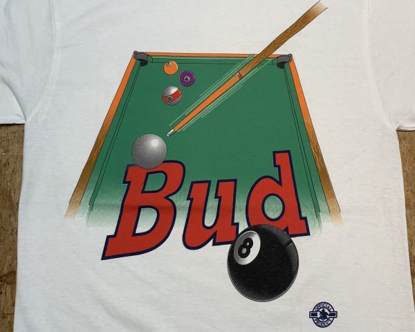 デッドストック 90s BUD BUDWEISER バドワイザー 8ボール ビリヤード ビンテージ 半袖 Tシャツ 白 US- L サイズ USA製生地 //_画像1