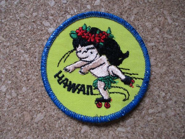 80s ハワイHAWAIIローラースケート少女ビンテージ刺繍ワッペン/スケートSURFリゾートお土産アロハ旅行ラメUSAサーフィンSK8フラダンス