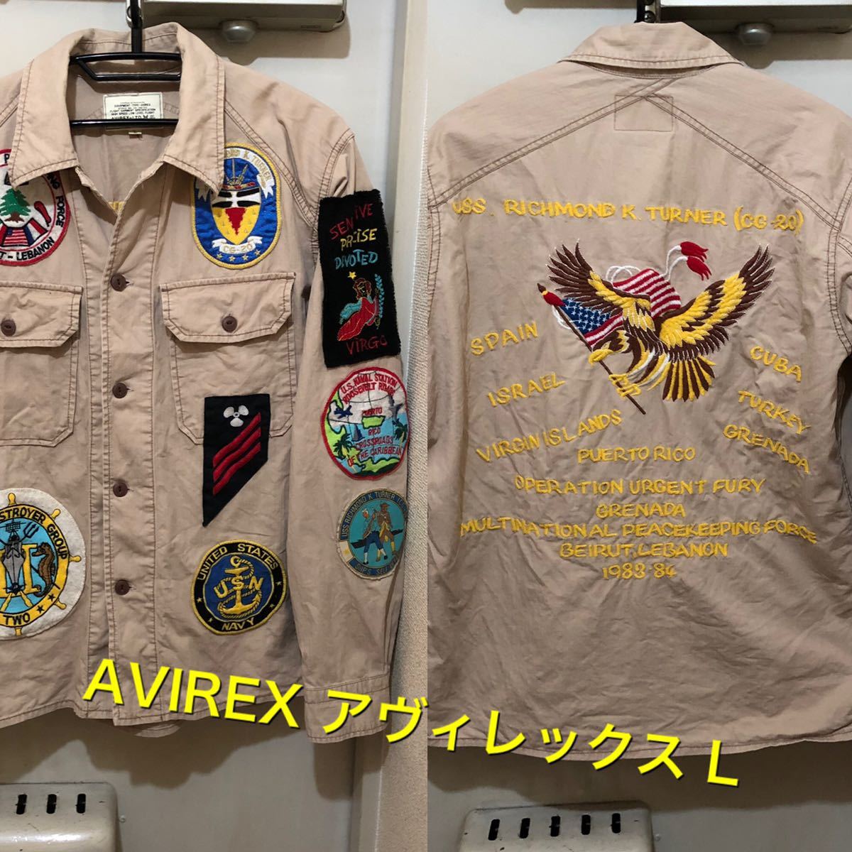 Lサイズ！AVIREX アヴィレックス 古着長袖ミリタリーパッチ&刺繍スーベニアシャツジャケット 品番6165058 ベージュ ミリタリーシャツ_画像1