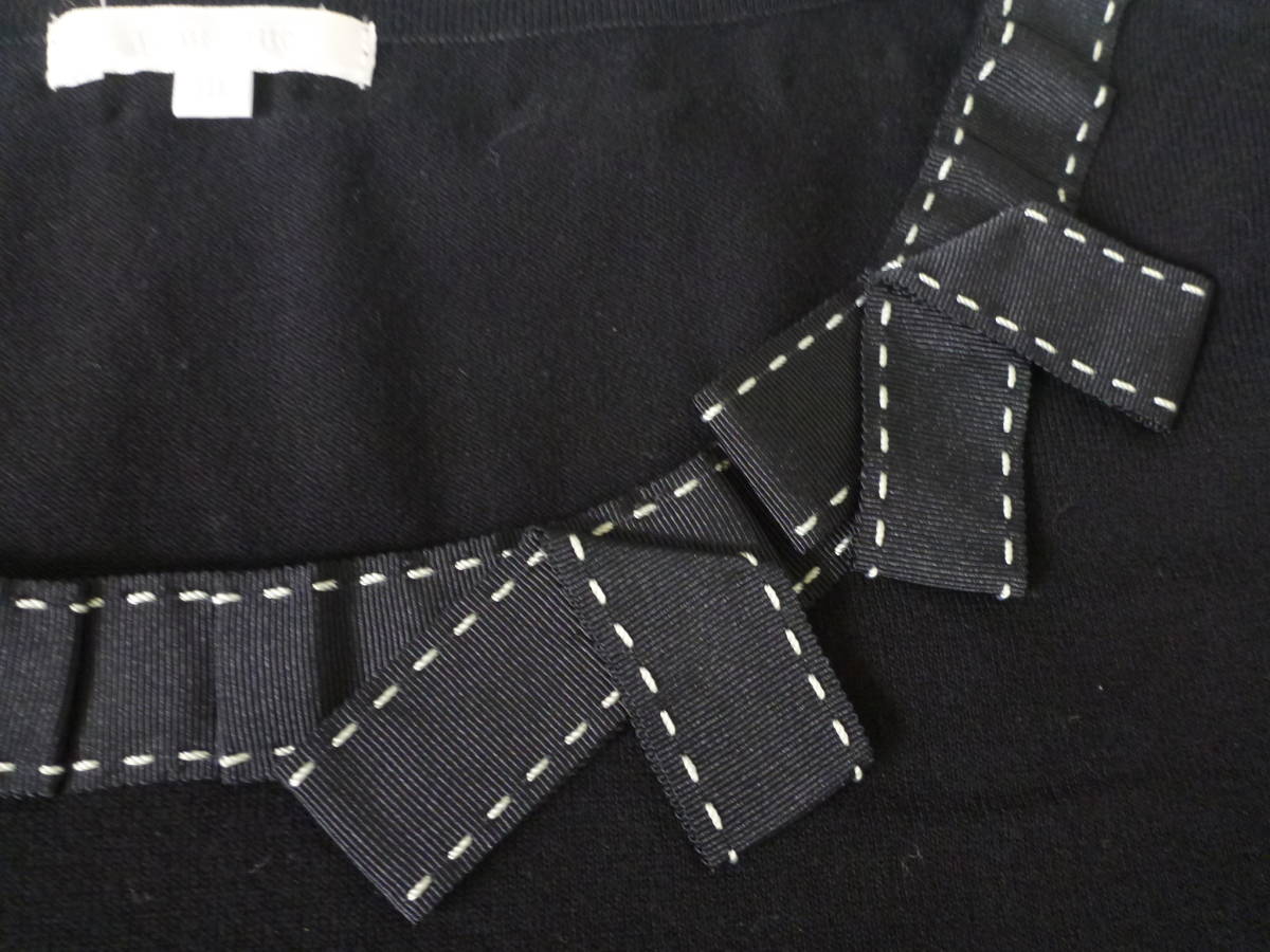 3万　美品　TO BE CHIC　トゥービーシック　黒×白ステッチ　リボン　半袖セーター　Ⅲ　M相当_画像4