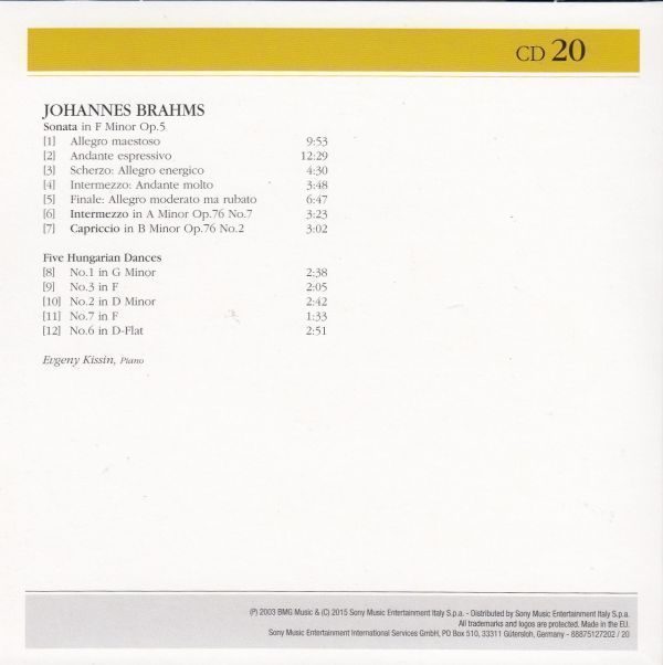 [CD/Rca]ブラームス:ピアノ・ソナタ第3番ヘ短調Op.5&ハンガリー舞曲集第1,-3,6&7番他/E.キーシン(p) 2001_画像2