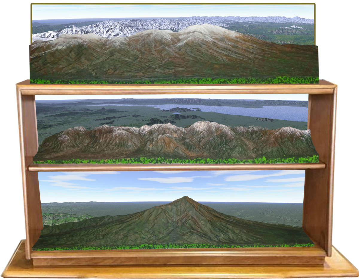 鉄道ジオラマ背景用山岳模型　　筑波山　常総線　　鉄道レイアウトの背景に最適 背景画像データ付き　_棚に飾った例