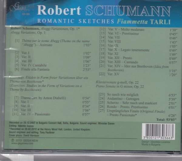 [CD/Gega]シューマン:アベッグ変奏曲Op.1&ベートーヴェンの主題による変奏曲&ピアノ・ソナタ第2番他/F.タルリ(p) 2007他_画像2