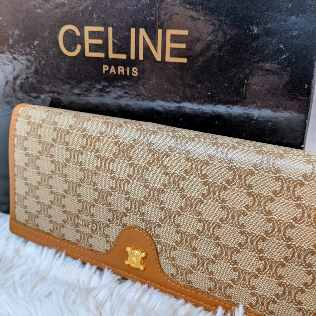 CELINE セリーヌ マカダム柄 二つ折り長財布 札入れ 小銭入れ がま口 PVC ベージュ ブラウン M11