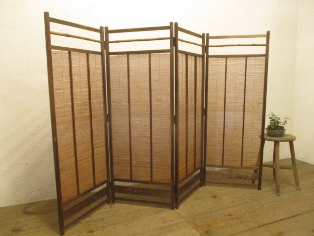 タK529◇H122cm×W184cm◇4連のレトロな古い折り畳み式の衝立